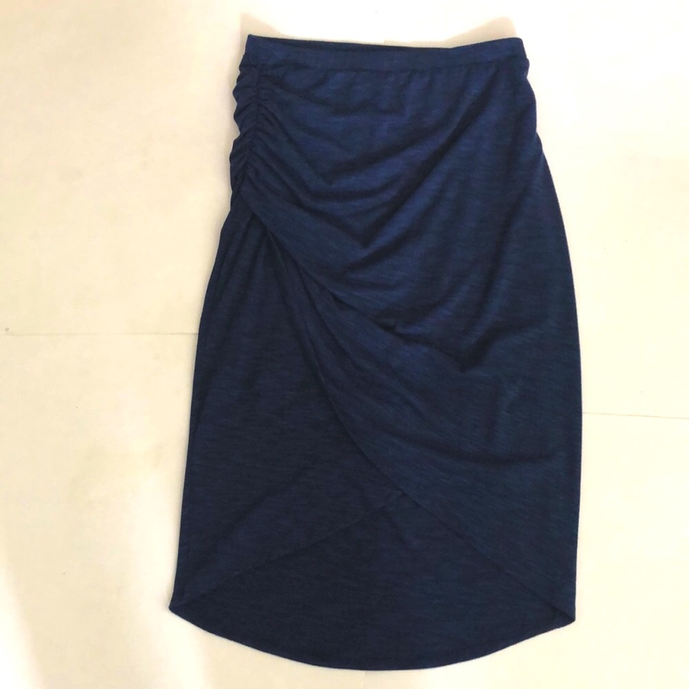 Maeve S Skirt Blue 2 Tone Fabric Gathered Front Slit Midi Stretchy Excellent